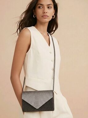ALDO Rhinestone Envelope Clutch | Black & Silver Evening Bag w/ Chain